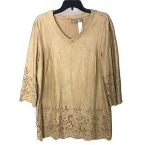 Chico’s shirt women's 2 beige eyelet faux suede scallop hem cottage blouse Tunic